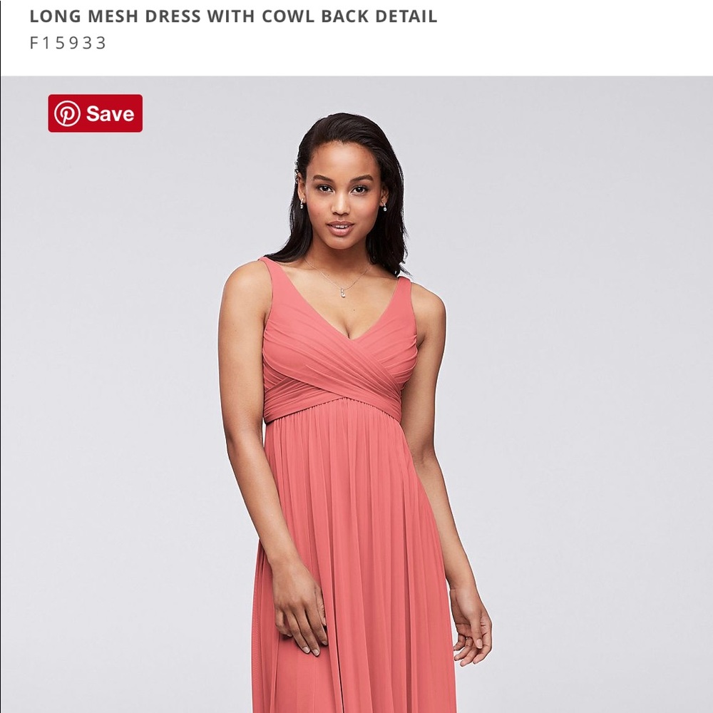 Long coral bridesmaid dress from David’s Bridal
